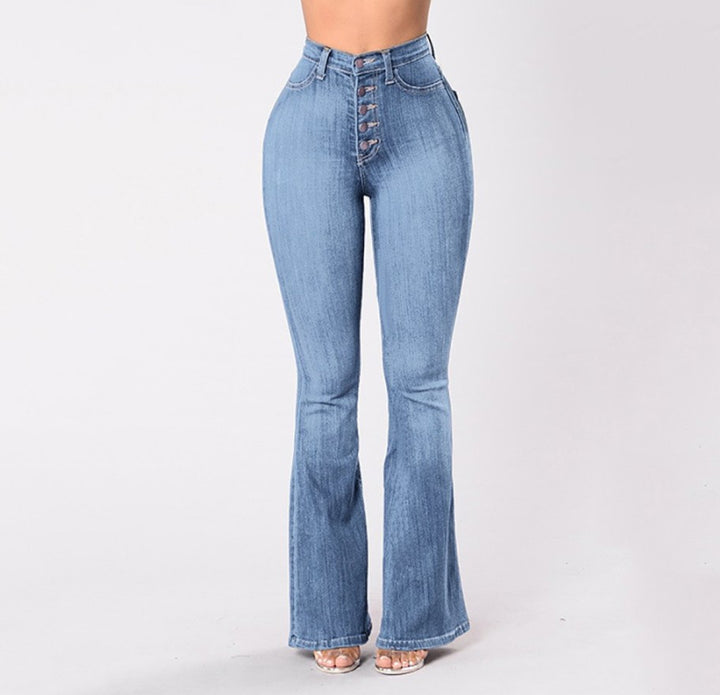 Damen hochgeschnittene Bootcut-Jeans mit sichtbarer Knopfleiste, figurformendem Stretch und schlankem Oberschenkel Nord Taschen