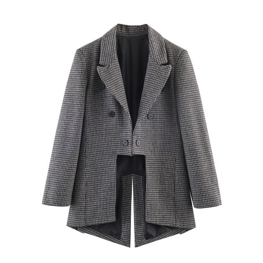 Damen Zweireihiger Hahnentritt-Blazer mit offenem Schlitz-Saum und taillierter Silhouette Nord Taschen