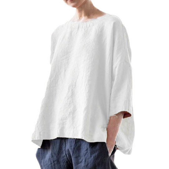 Damen Oversized Leinenbluse mit weitem Boxy‑Schnitt, U‑Boot‑Ausschnitt und 3/4‑Ärmeln Nord Taschen