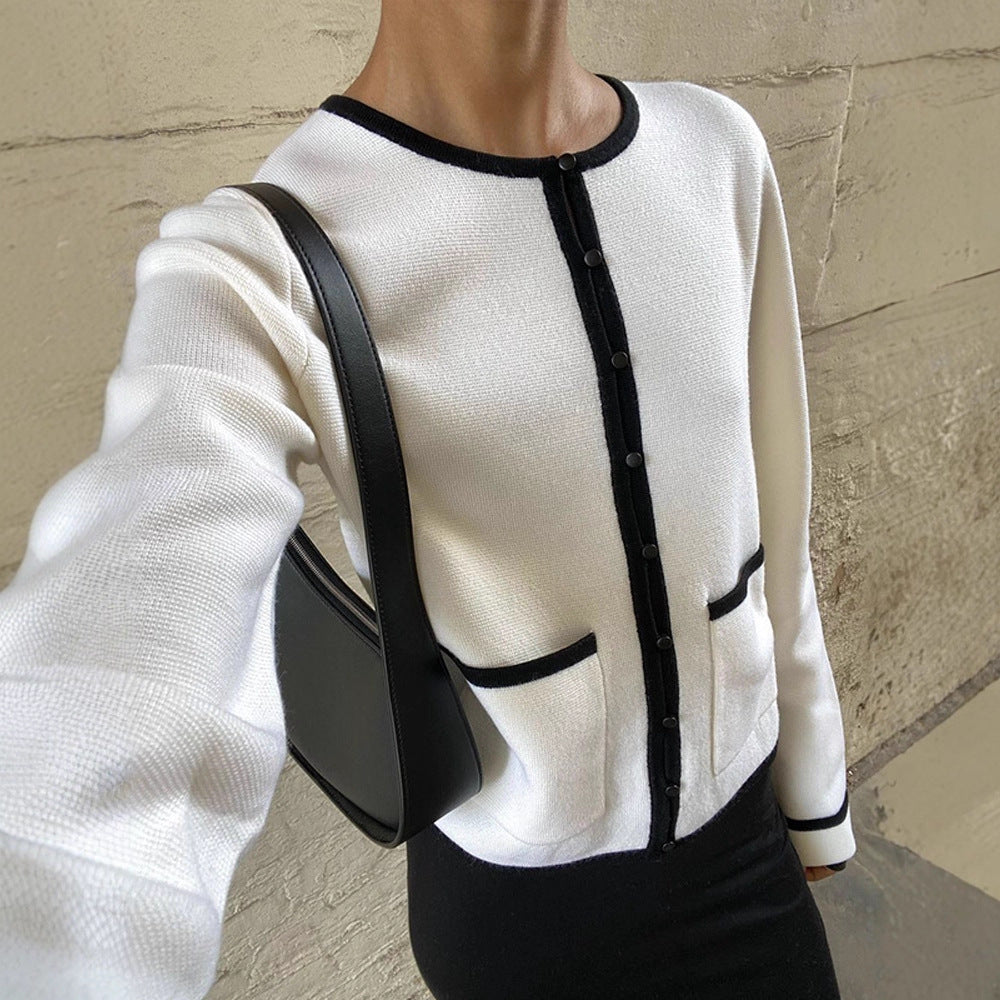 Damen Feiner Kontrast-Knopfleisten‑Cardigan mit Paspelung und aufgesetzten Taschen Nord Taschen