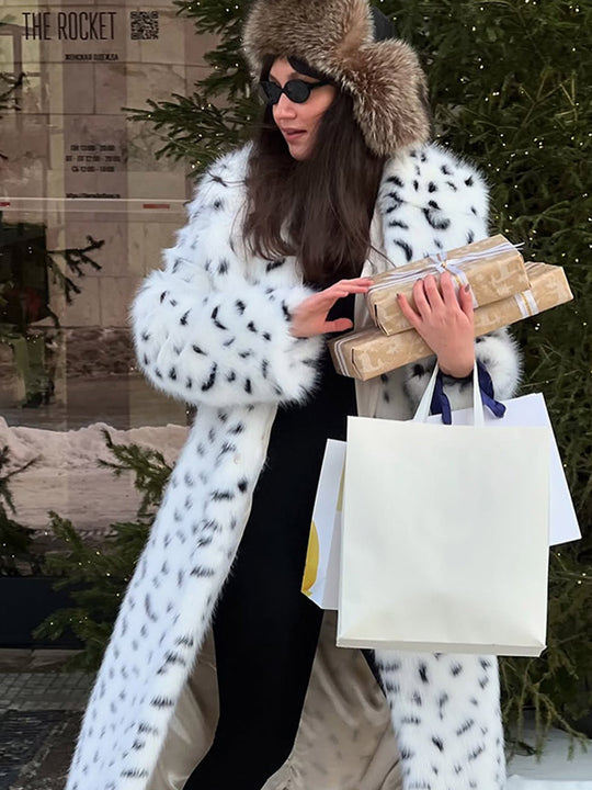 Damen Langmantel aus Kunstpelz mit Dalmatiner‑Optik und Kapuze Nord Taschen