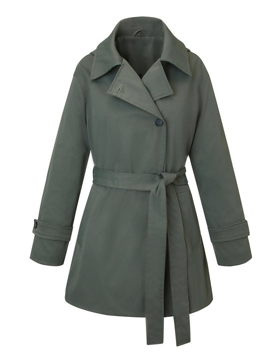 Damen Kurztrenchcoat mit tailliertem Bindegürtel und weitem Revers Nord Taschen