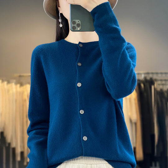 Damen Leichter Feinstrick-Cardigan mit Kaschmir‑Optik, Rundhalsausschnitt und verdeckter Knopfleiste Nord Taschen