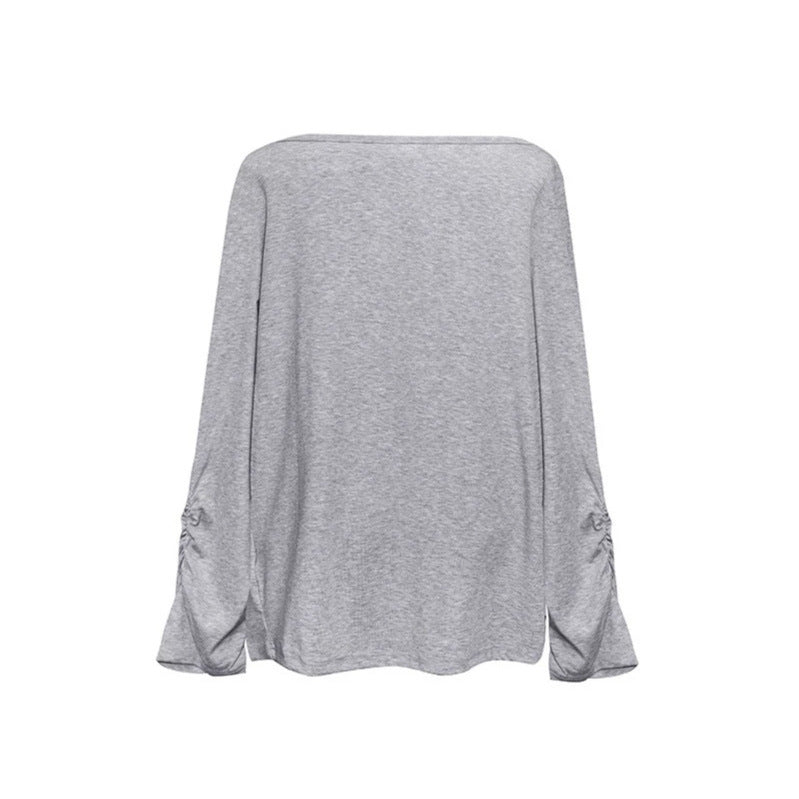 Damen Langes drapiertes Langarmshirt mit Wasserfallkragen und Raffung an den Ärmeln Nord Taschen