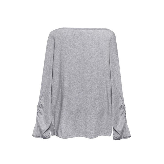 Damen Langes drapiertes Langarmshirt mit Wasserfallkragen und Raffung an den Ärmeln Nord Taschen