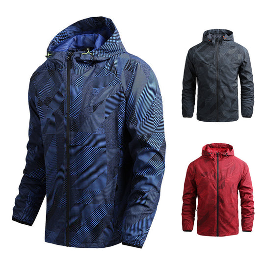 Herren atmungsaktive Softshell-Kapuzenjacke mit geometrischem Allover-Print und sportlicher Passform Nord Taschen