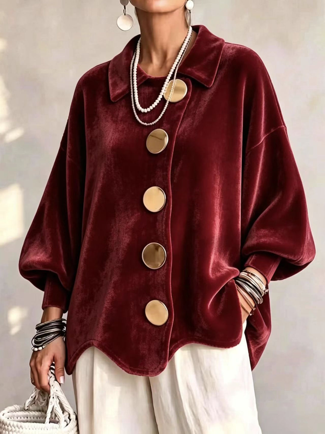Damen Oversized Samtjacke mit großen Zierknöpfen und Balloon-Ärmeln Nord Taschen