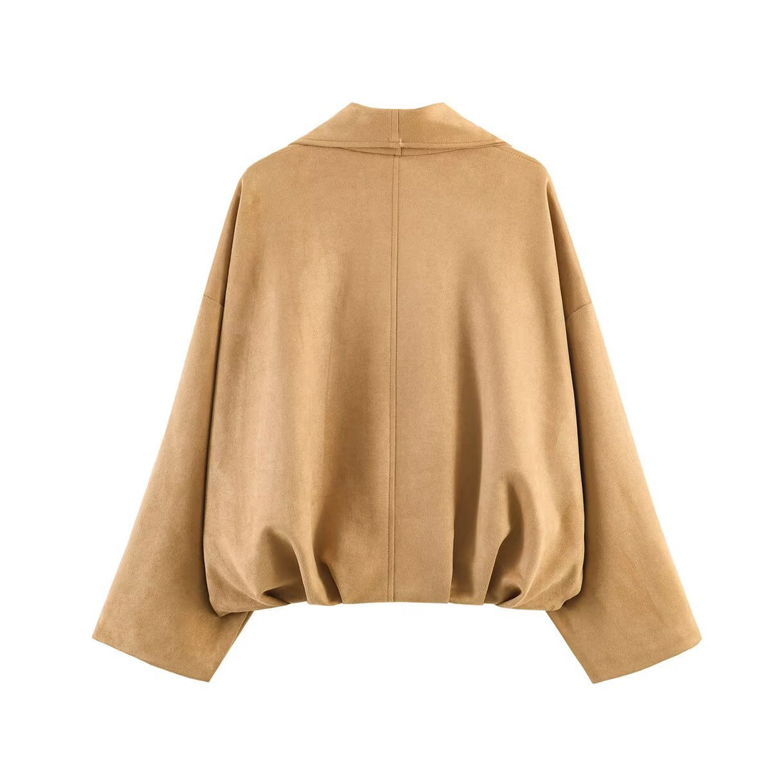 Damen Cropped-Boxy-Jacke in Wildlederoptik mit breitem Schalkragen und gerafftem Saum Nord Taschen
