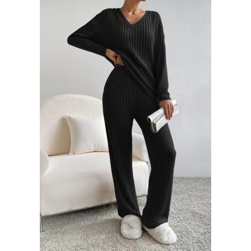 Damen Gemütliches Rippstrick-Loungewear-Set mit V-Ausschnitt und weitem Bein Nord Taschen