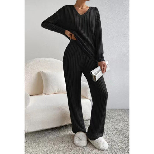 Damen Gemütliches Rippstrick-Loungewear-Set mit V-Ausschnitt und weitem Bein Nord Taschen
