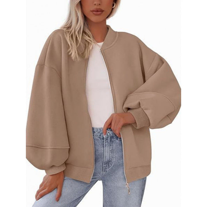 Damen lässige Oversized-Jacke mit Reißverschluss und ballonen Ärmeln