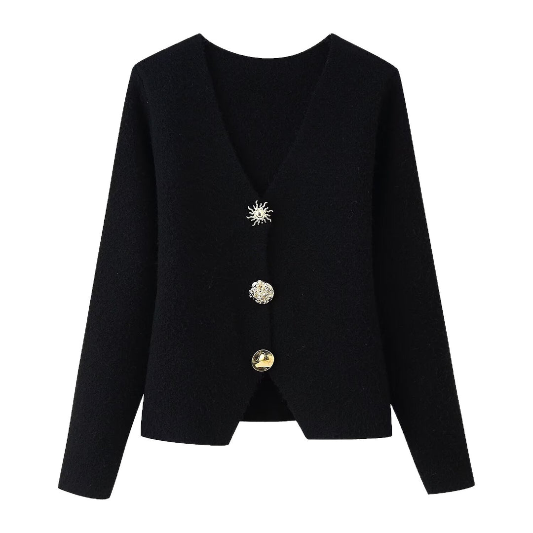 Damen Eleganter Kurzcardigan aus Bouclé‑Strick mit tiefem V‑Ausschnitt und dekorativer Schmuckknopfleiste Nord Taschen