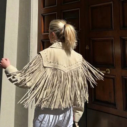 Damen Kurzfransen-Suedejacke im Westernstil mit Ziernähten und Nieten Nord Taschen