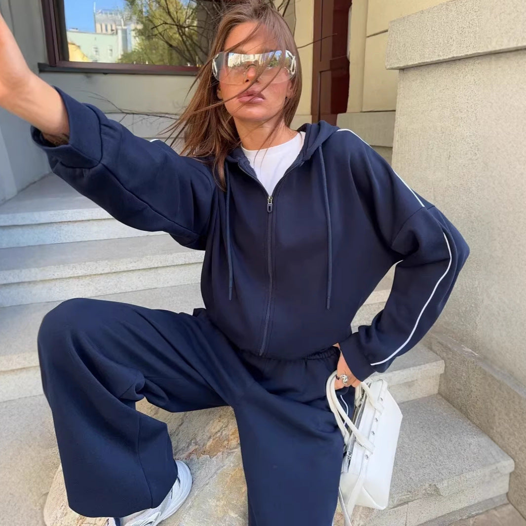 Damen lässiges Lounge-Set aus French-Terry mit Kurzzip-Hoodie und High-Waist Wide-Leg Jogginghose mit Kontrastpaspel Nord Taschen
