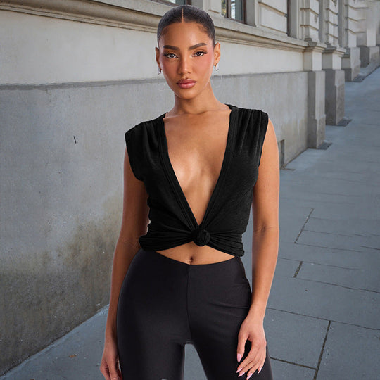 Damen Stylishes Wickeloberteil mit tiefem V-Ausschnitt und Knoten-Detail