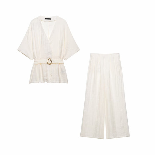 Damen Zweiteiler Kimono-Top mit Taillengürtel und weiter Bundfaltenhose Nord Taschen