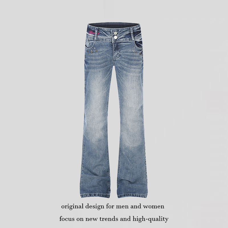 Damen High‑Waist Flared-Jeans mit weitem Bein, Doppelknopf und Nieten-Detail Nord Taschen
