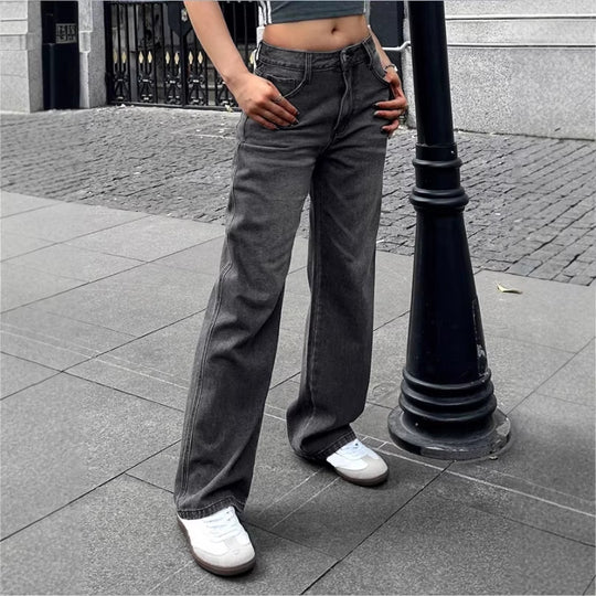 Damen Weite High‑Waist Denim-Hose mit geradem Bein und Vintage-Nähten Nord Taschen