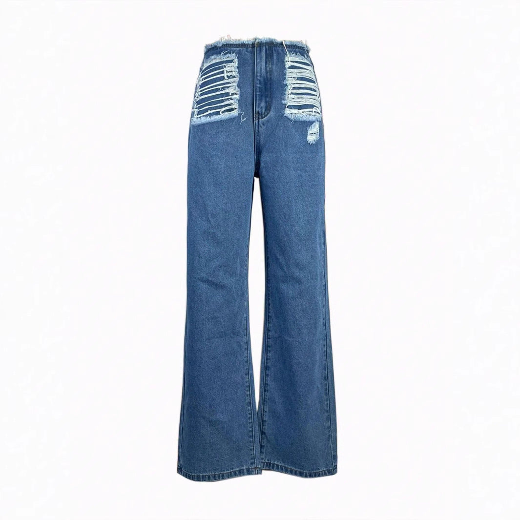 Damen hochgeschnittene weite Jeanshose aus Denim mit stark zerstörter Front und rohem Bund Nord Taschen