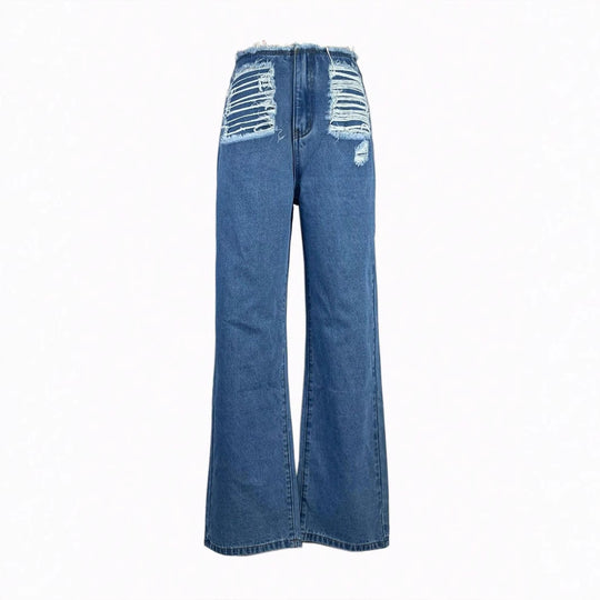 Damen hochgeschnittene weite Jeanshose aus Denim mit stark zerstörter Front und rohem Bund Nord Taschen