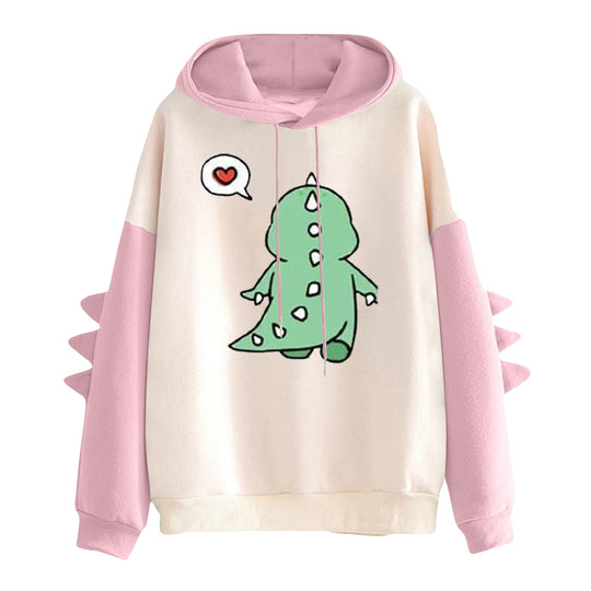 Damen nan Kapuzenpullover mit niedlichem Dino-Print, kontrastkapuze und dekorativen Stoffstacheln Nord Taschen