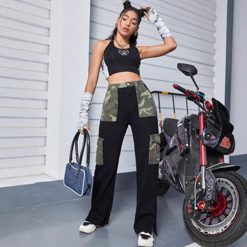 Damen High-Waist Cargo-Jeans mit Camouflage-Einsätzen und weitem Bein Nord Taschen