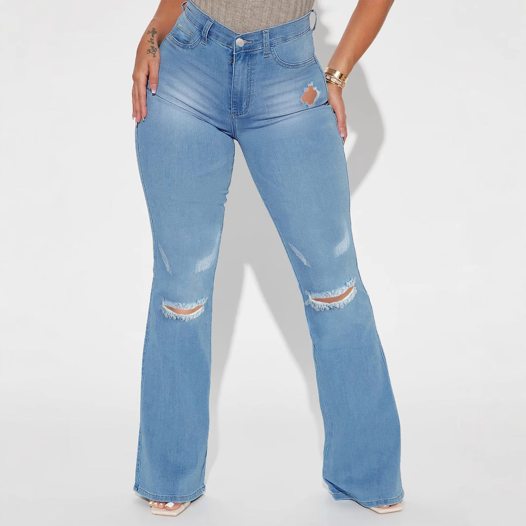 Damen High-Waist Flared-Jeans mit sculptendem Bund und dezenten Knie-Rips Nord Taschen