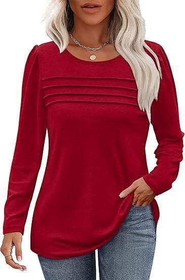 Damen Feines Langarmshirt mit Rundhalsausschnitt, dekorativen Kellerfalten und leicht taillierter A‑Linie Nord Taschen