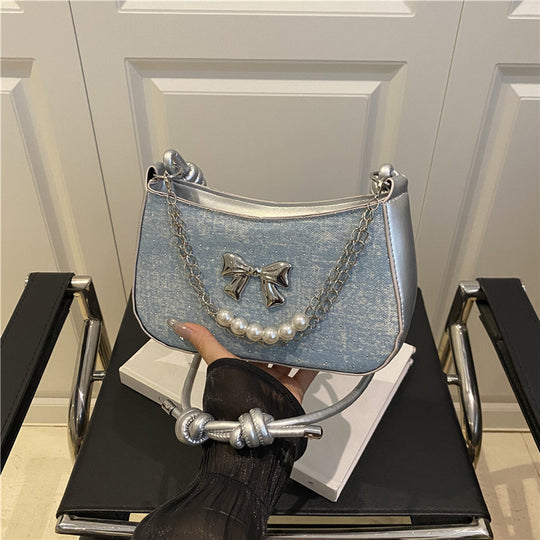 Damen Umhängetasche mit eleganter Perlenverzierung und schimmerndem Kettenakzent Nord Taschen