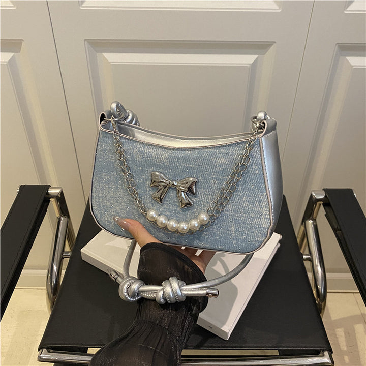 Damen Umhängetasche mit eleganter Perlenverzierung und schimmerndem Kettenakzent Nord Taschen