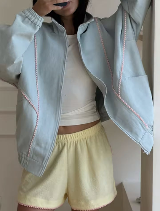 Damen Leichte Cropped‑Bomberjacke mit Zierborten, elastischen Bündchen und durchgehendem Reißverschluss Nord Taschen