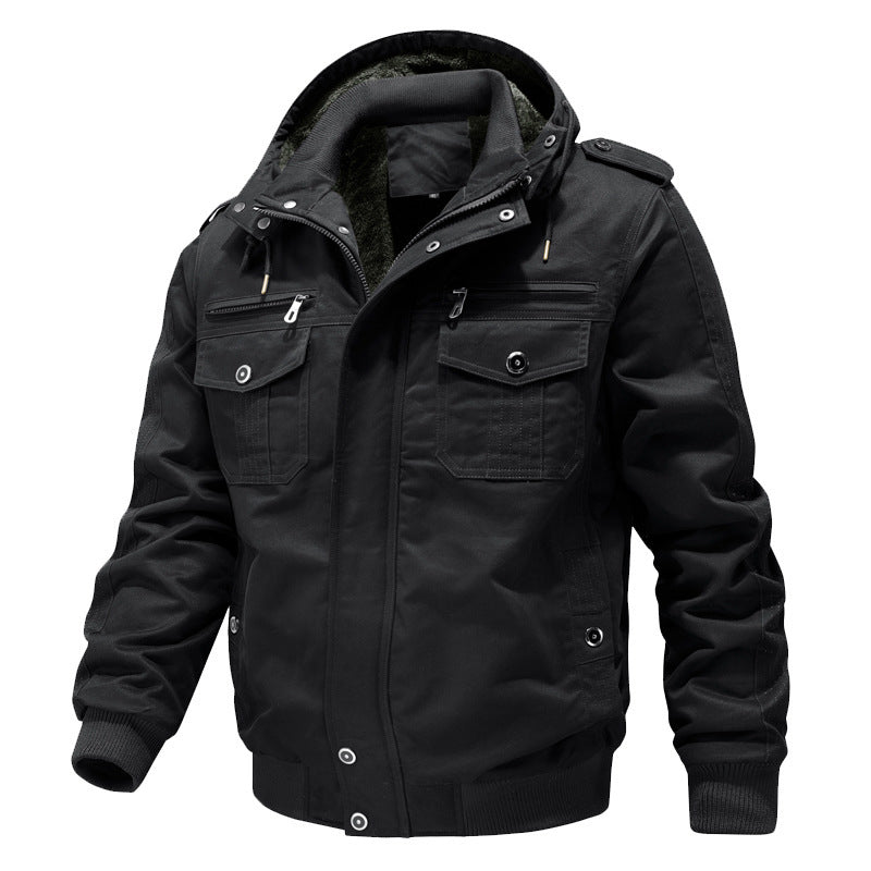 Herren Wasserabweisender Canvas-Bomber mit wärmender Sherpa-Innenlage, Kapuze und Utility-Taschen Nord Taschen
