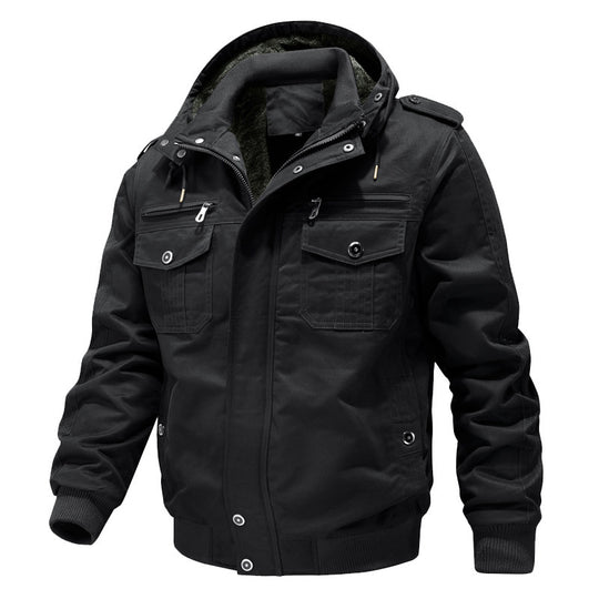 Herren Wasserabweisender Canvas-Bomber mit wärmender Sherpa-Innenlage, Kapuze und Utility-Taschen Nord Taschen