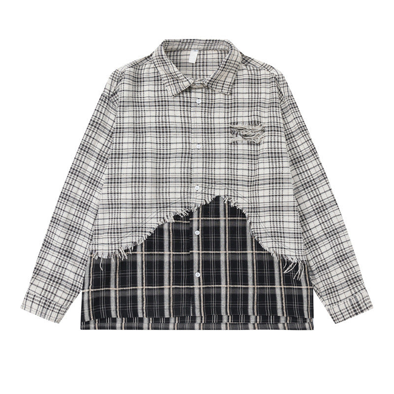 Unisex Oversize-Hemdjacke mit Lagenlook, ausgefranstem Saum und Karomix Nord Taschen
