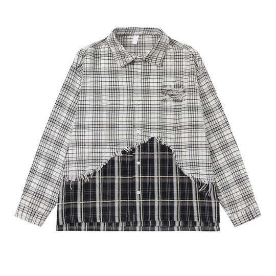 Unisex Oversize-Hemdjacke mit Lagenlook, ausgefranstem Saum und Karomix Nord Taschen