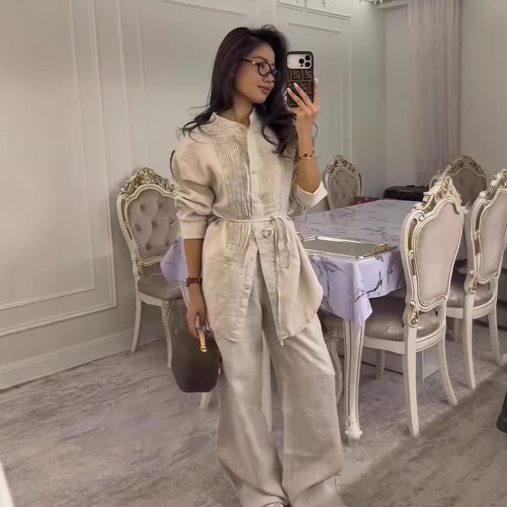 Damen Lange Hemdbluse mit feinen Biesen, Stehkragen und Bindegürtel Nord Taschen