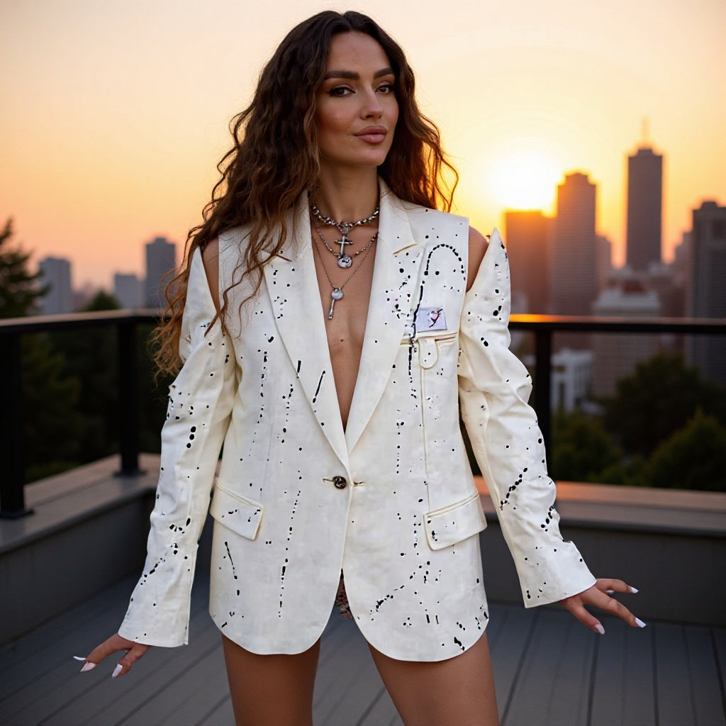 Damen Oversize-Blazer mit Cut-Out-Schultern und Paint‑Splatter‑Optik Nord Taschen
