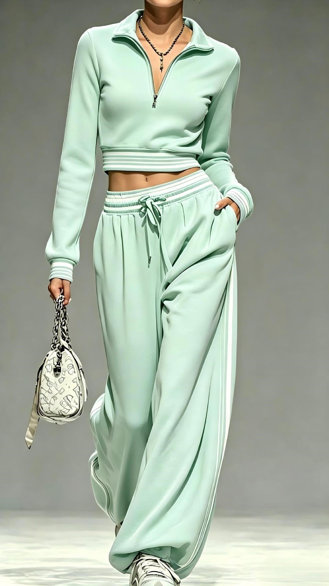 Damen Cropped-Trainingsset mit halbem Reißverschlusskragen und weitem Bundfalten-Jogger Nord Taschen