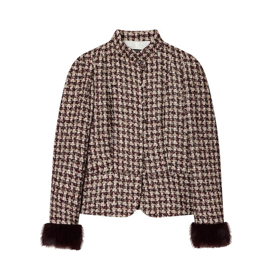 Damen Kurze Bouclé-Tweed-Jacke mit Stehkragen und Kunstfellmanschetten Nord Taschen