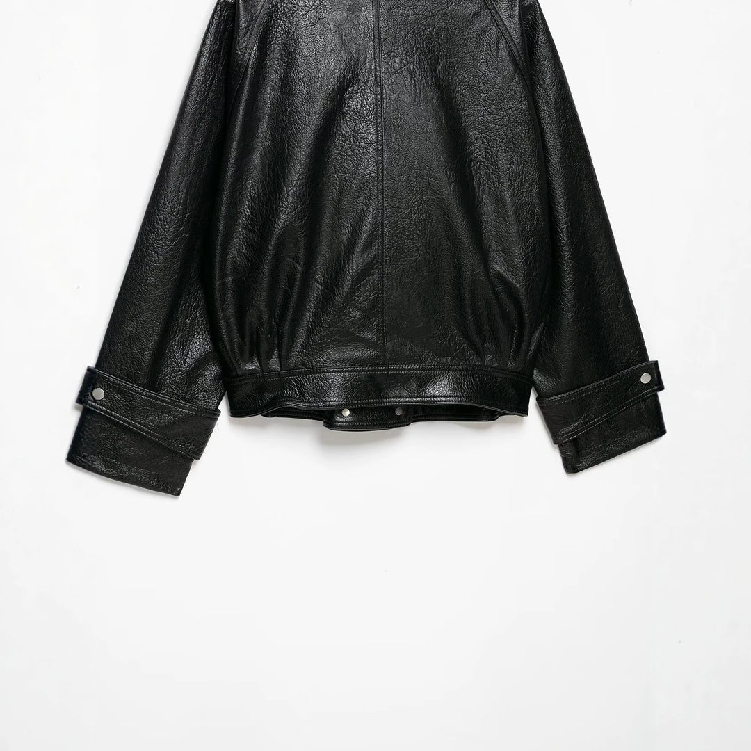 Damen Oversized Kunstlederjacke mit hohem Stehkragen und Zipper-Taschen Nord Taschen