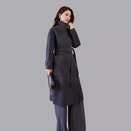 Damen Oversize Wollmantel mit Bindegürtel und weitem Revers Nord Taschen