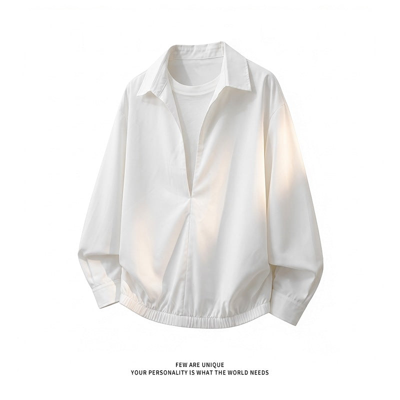 Damen Oversize-Bluse mit tiefem V-Ausschnitt, Hemdkragen und elastischem Saum Nord Taschen