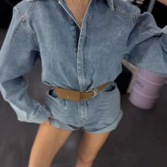 Damen Denim-Shorts-Overall mit kastigem Hemdoberteil und Taillengürtel Nord Taschen