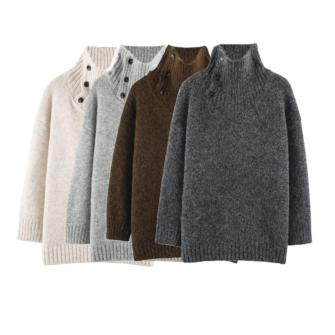 Damen Oversized Strickpullover mit hohem Rippkragen, Knopfdetail und V‑Ausschnitt Nord Taschen