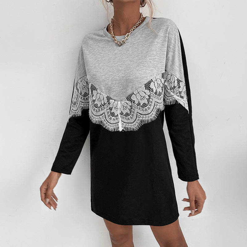 Damen Sweatkleid im Colorblock‑Stil mit Spitzen‑V‑Passe und gerundetem Saum Nord Taschen