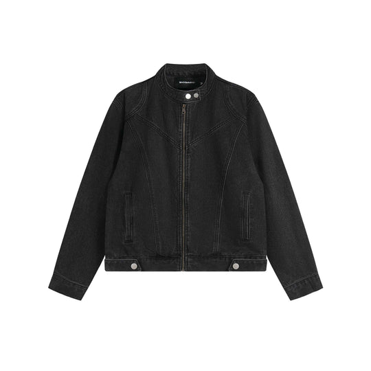 Unisex Kurz geschnittene Denim-Blousonjacke mit Stehkragen und durchgehendem Reißverschluss Nord Taschen
