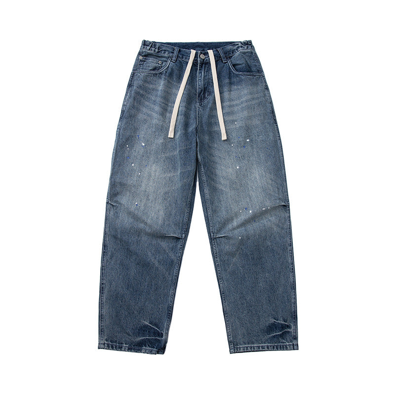 Damen Weit geschnittene High‑Waist Jeans mit Kordelzug, Farb‑Sprenkel und Used‑Waschung Nord Taschen