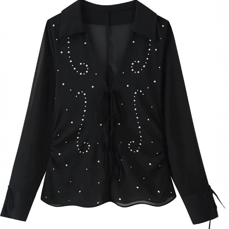 Damen Transparente Chiffonbluse mit Steinbesatz, Bindebändern und V‑Ausschnitt Nord Taschen
