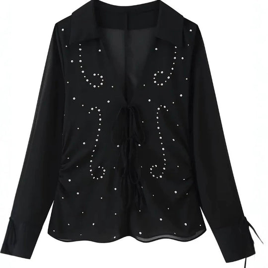 Damen Transparente Chiffonbluse mit Steinbesatz, Bindebändern und V‑Ausschnitt Nord Taschen