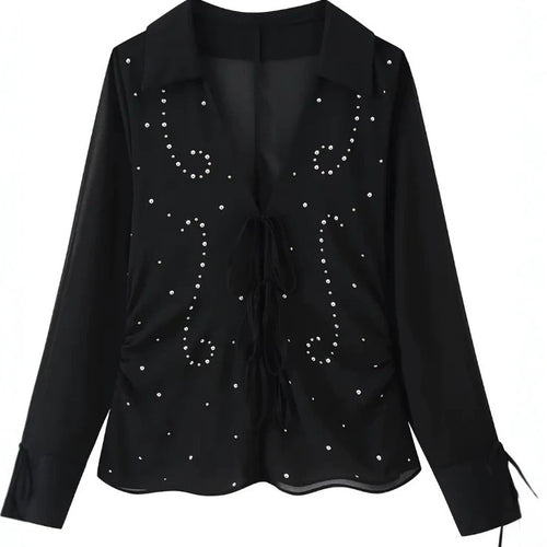 Damen Transparente Chiffonbluse mit Steinbesatz, Bindebändern und V‑Ausschnitt Nord Taschen